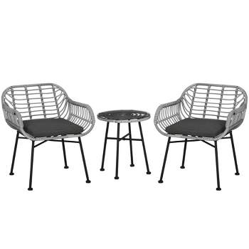 Outsunny 3-Piece Patio Rattan Chair and Table Furniture Set, Outdoor Bistro Set with Two Chairs and Coffee Table for Garden, or Backyard