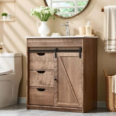 SinCiDo 30" Farmhouse Bathroom Storage Cabinet, Bathroom Dressing Table with Sink, Sliding Barn Door, 3 Drawers and Adjustable Shelves