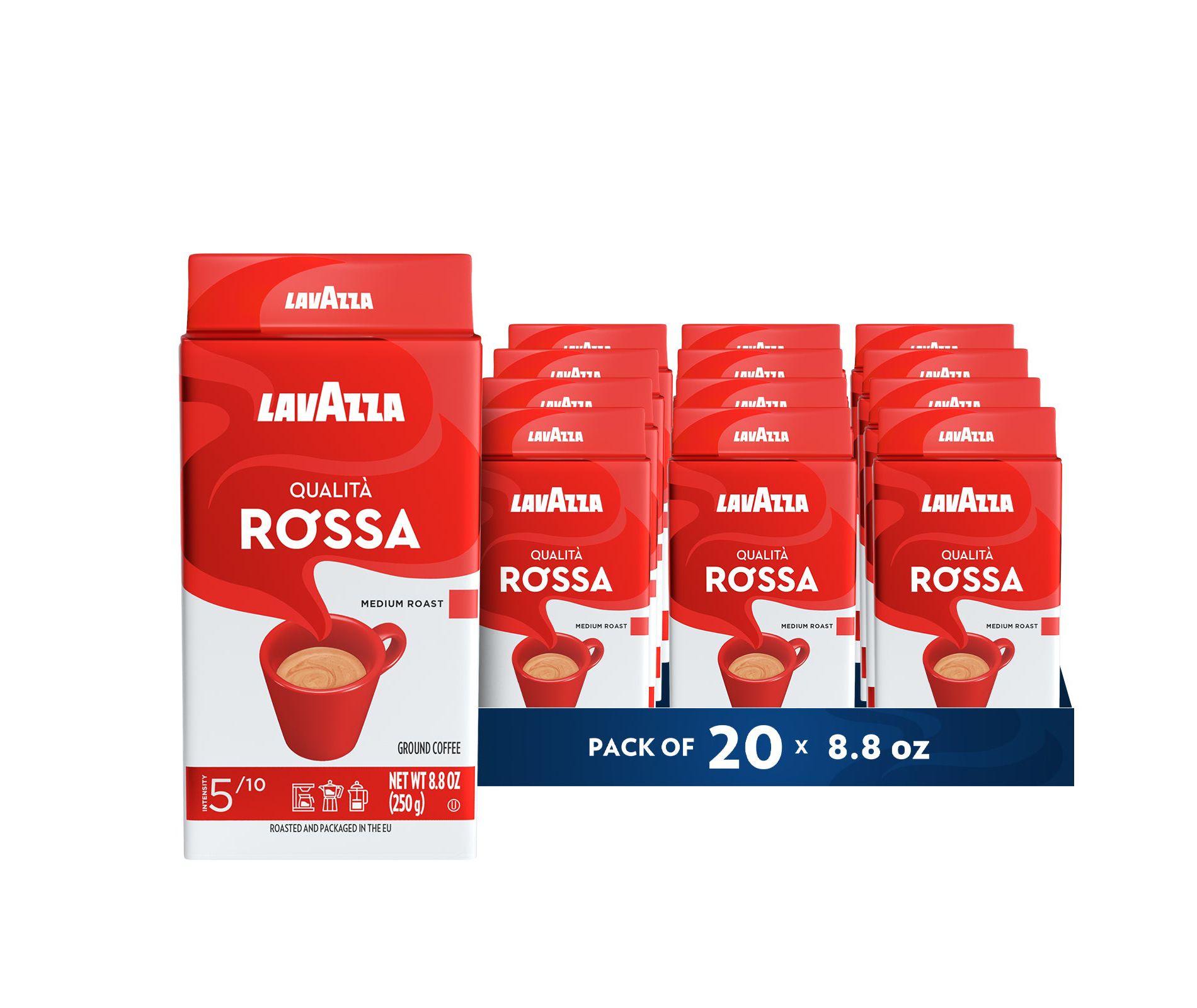 Lavazza Qualità Rossa Ground Coffee, Medium Roast, Arabica and Robusta Blend, 8.8 oz Brick (Pack of 20)