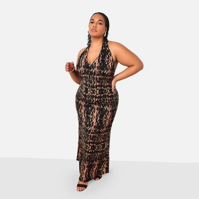 Rebdolls Women's Indie Abstract Print Halter Maxi Bodycon Dress