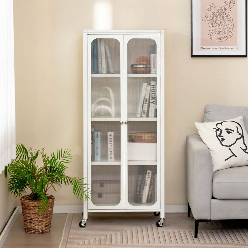 Costway Storage Cabinet with Wheels & 2 Translucent Doors Adjustable Shelves Sideboard, 2 of 11
