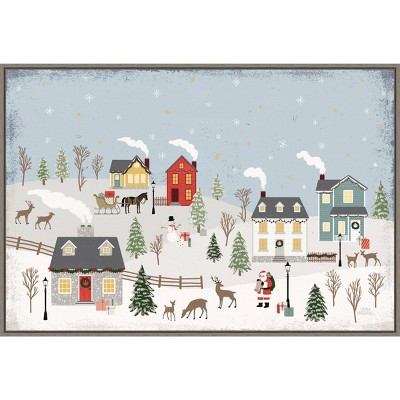 Christmas Village Framed Canvas Print with Santa and Reindeer