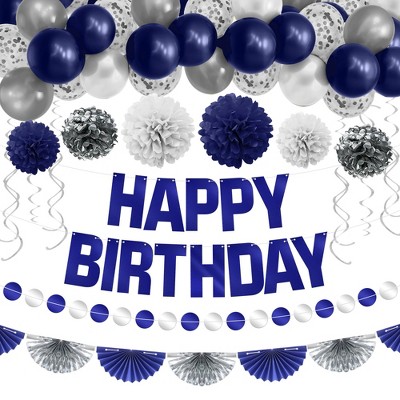 KatchOn, Blue and Silver Birthday Decorations Set - Big, Pack of 47 |Pom Poms |Blue and White Birthday Decorations