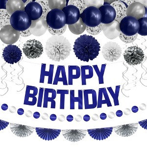 KatchOn, Blue and Silver Birthday Decorations Set - Big, Pack of 47 |Pom Poms |Blue and White Birthday Decorations - 1 of 4