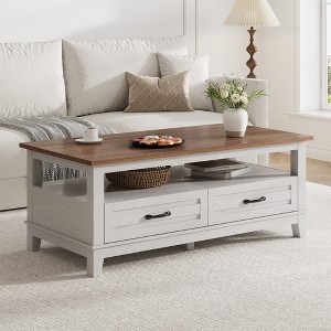 47" Modern Coffee Table with Storage, Rectangle Center Table with 2 Drawers, Accent Cocktail Table End Table, Wooden TV Stand with Open Shelf - 1 of 4