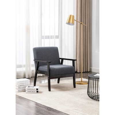 Linen Fabric Chair with Solid Wood Frame, Wood Arms and Full Foam Seat for Living Room