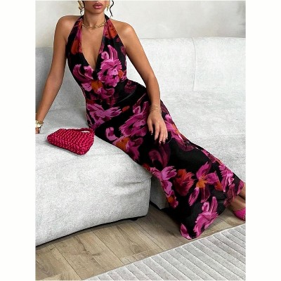 Clotth Women's V-Neck Floral Print Mesh Halter Maxi Dress with Cowl Neck and Tie Backless Design - Elegant Party Wear, Floral
