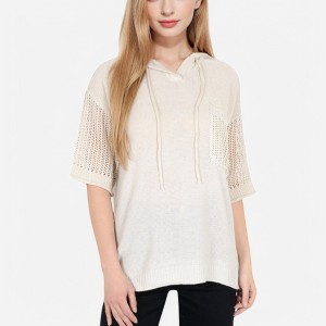 Anna-Kaci Women's Textured Knit Hooded Pullover with Short Sleeves and Drawstring Detail - 1 of 4