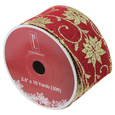 Northlight Cranberry Red and Gold Poinsettia Christmas Wired Craft Ribbon 2.5" x 10 Yards