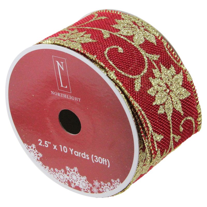 Northlight Cranberry Red and Gold Poinsettia Christmas Wired Craft Ribbon 2.5" x 10 Yards, 1 of 3