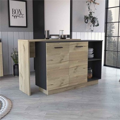 LunaLulinlk Sicilia Kitchen Island, Two External Shelves, Double Door Cabinets, Three Shelves -Black / Light Oak