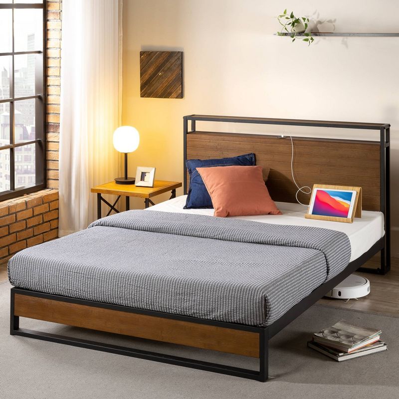 Suzanne Metal and Bamboo Platform Bed Frame with Headboard Shelf Brown - Zinus, 1 of 7