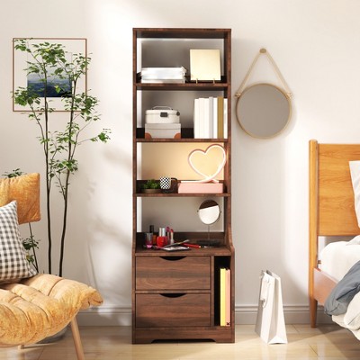 4 Tier Tall Bookshelf, 58" Bedside Table with Storage & 2 Drawer, Open Display Rack, Side Table with Bookcase for Bedroom Living Room Office