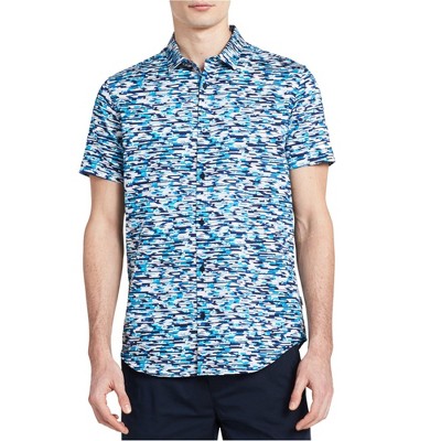 Calvin Klein Mens Pixelated Button Up Shirt, Blue, Small