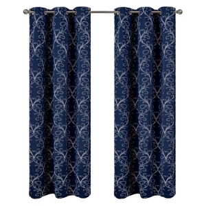 RT Designer Collection Kimber 2 Pack Embroidered Blackout Luxurious Decorative Grommet Curtain Panel 36" x 84" Navy - 1 of 4