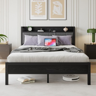 Grungis Bed Frame with Storage Headboard,Modern Platform Bed with Charging Station for Bedroom,No Box Spring Needed, Easy Assembly