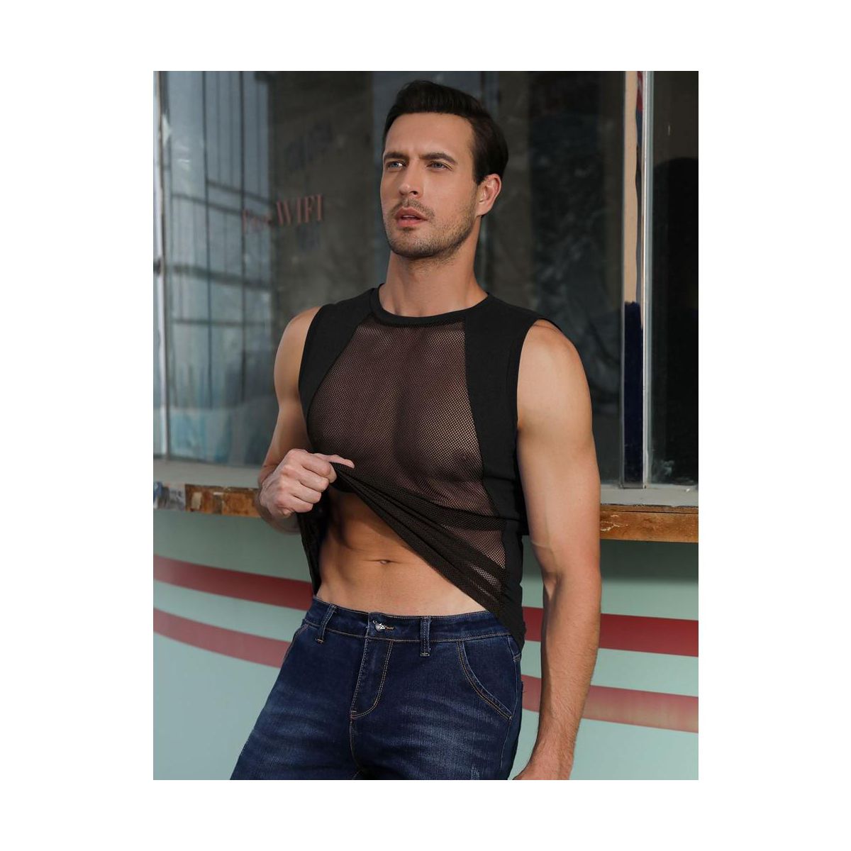 Men's Mesh Sheer Sport Tank Top See Through Sleeveless Tops Shirts for Nightclub Beach Tank Top Sleeveless Muscle Workout Crew Neck Tee Shirt - thumbnail 3