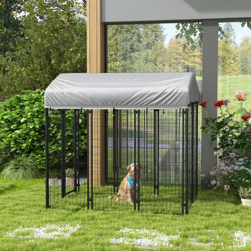 Pawhut Large Outdoor Dog Kennel Steel Fence with UV-Resistant Oxford Cloth Roof & Secure Lock, 4 of 9