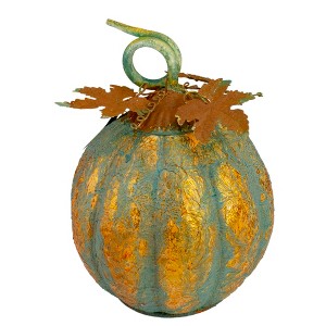 Northlight 13" Autumn Harvest Pumpkin Metal Decoration - Orange and Green - 1 of 4