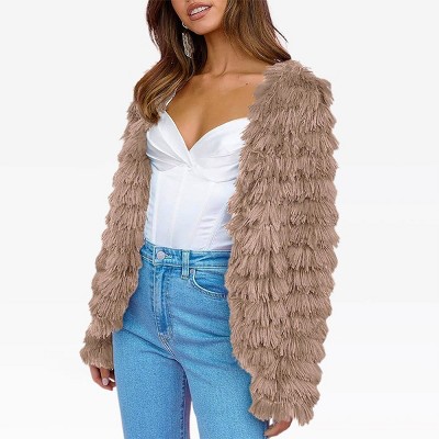 Womens Cropped Faux Fur Jackets Fall Open Front Cardigan Faux Fur Shaggy Jacket Vintage Fuzzy Jackets Winter Warm Coat Tops