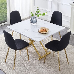 Lyngins 5-Piece Modern Lift Table Set – White Textured Sticker MDF Desktop, Golden Metal Legs & 4 Chairs, Multifunctional Coffee/Dining/Bar Table Set - 1 of 4