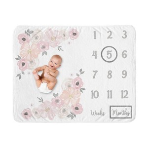 Sweet Jojo Designs Girl Baby Milestone Blanket Watercolor Floral Pink and Grey - 1 of 4