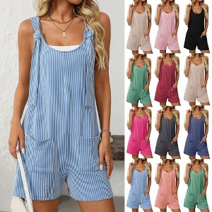 Coolmee Women Casual Trendy U Neck Twisted Stripe Knitted Sleeveless Loose Fit Shorts Jumpsuit With Pockets For Beach Vacation - 1 of 4