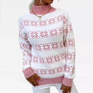 Womens Pullover Sweater Turtleneck Snowflakes Sweater Christmas Sweater Ribbed Knit Long Sleeve Sweater - 1 of 4