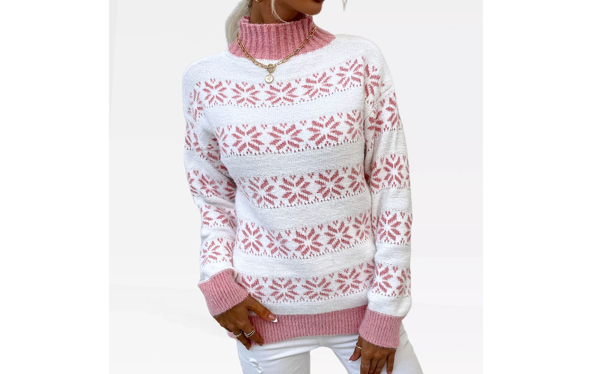 Womens Christmas Sweaters Pullover Mock Neck Snowflakes Sweaters Winter Warm Sweater Color Block Festive Outfits Ugly Christmas Sweaters, Pink - S
