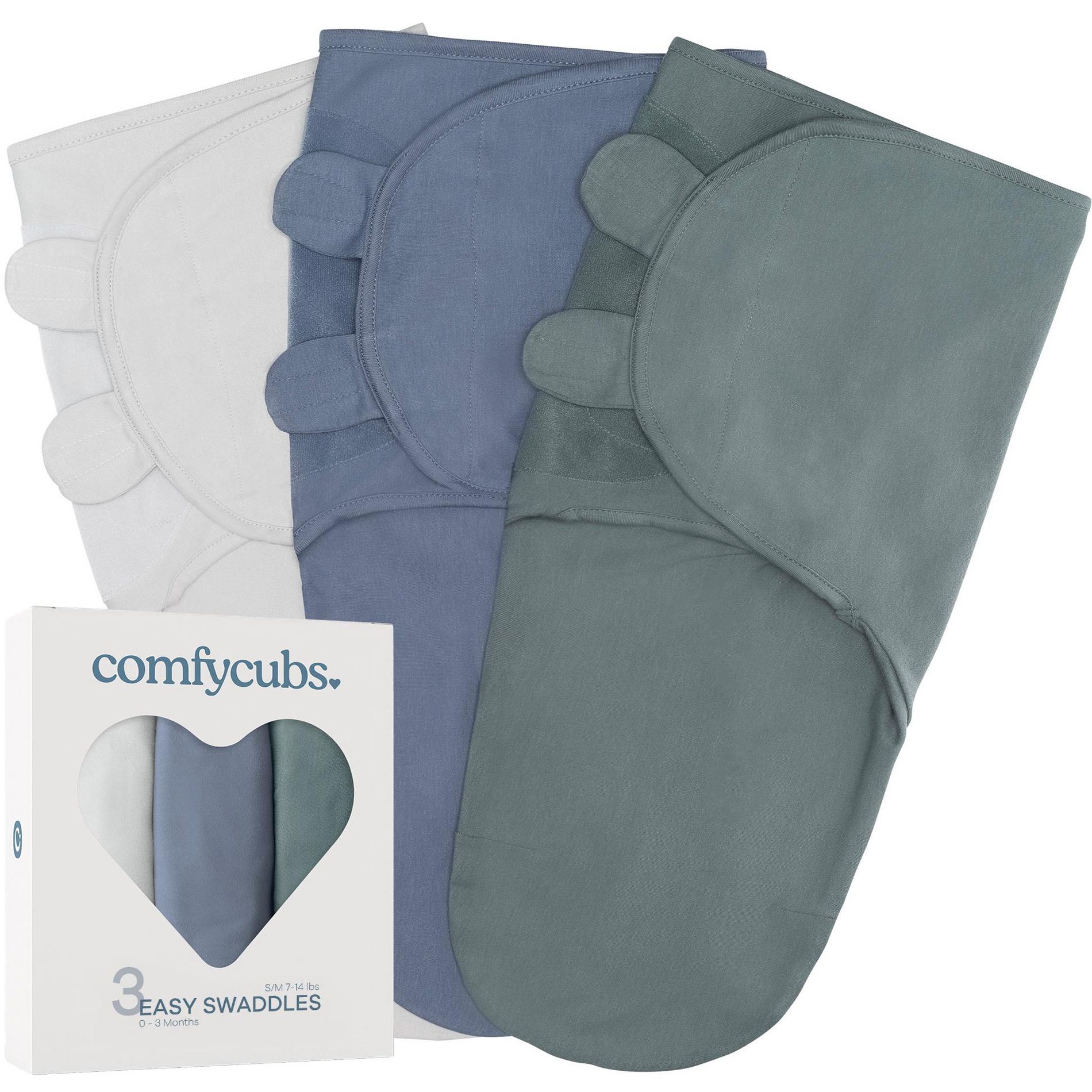 Swaddle Blankets for Baby Girl & Boy 3 Pack Sleep Sack Velcro by Comfy Cubs (Small - Stone, Nomadic Blue, Azul)