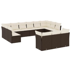 vidaXL 13 Piece Patio Sofa Set with Cushions Brown Poly Rattan - Brown and cream Without table - 1 of 4