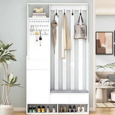 4-In-1 MDF Hall Tree Entryway With Bench Shoe Storage,Coat Rack With 4 Hooks And DIY Pegboard,For Hallways,Living Room,Mudroom-Cuddlewood