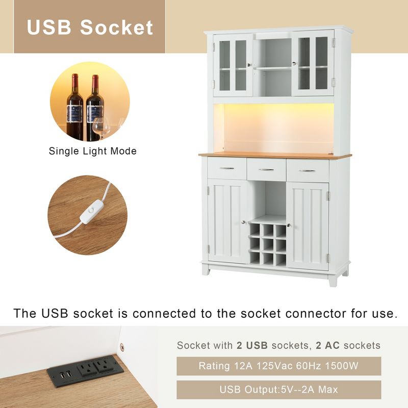 70.9"H Sideboard, Buffet Storage Table with 3 Drawers, 9 Wine Bottle Holders, LED Lights and Outlet, White, 4A -ModernLuxe, 4 of 12