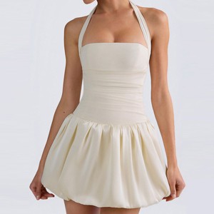 Halter Mini Bubble Dress for Women Solid Color Backless Trendy Summer  Dresses,milky,Large : Target
