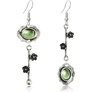Handmade Bohemian Plum Blossom Dangle Earrings - Silver Asymmetry Drop with Green Crystal, Mother's Day Jewelry Gift - 1 of 4