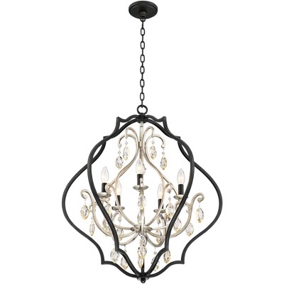 Elegant Black and Silver Cage Chandelier with Amber Crystal Accents