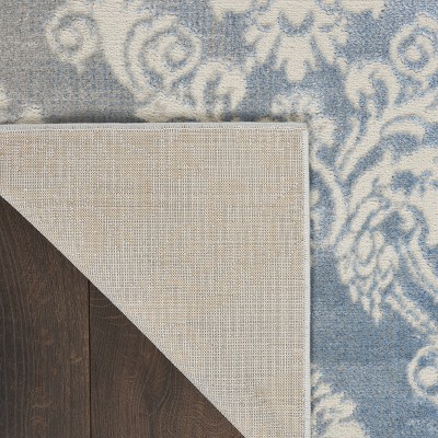 Ivory Blue Floral Damask 5' x 7' Easy-Care Synthetic Area Rug