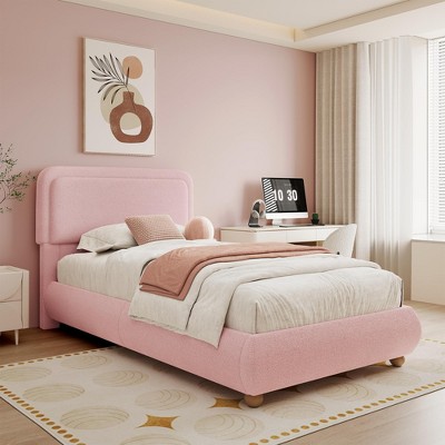 Brafab Twin Boucle Bed Frame, Upholstered Cloud Bed Frame with Headboard, Rounded Corners Design & Easy Assembly – Modern Platform Fluffy Bed,PINK