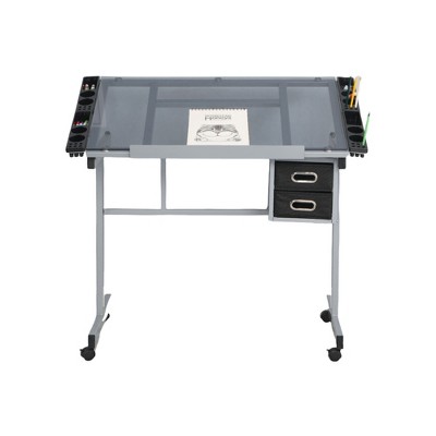 SEVOBAL Desks Adjustable Glass-Top Drafting Desk with Mobile Base, Professional Art Station with Storage for Designer, Silver, 39.17"*27.56"*5.91"