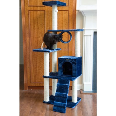Navy Blue Sisal and Faux Fur Multi-Level Cat Tree Tower