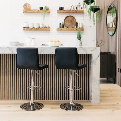 Adjustable Black Faux Leather Swivel Barstools with Chrome Finish