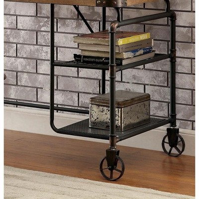 Vynxaria Urban Industrial Desk Antique Black Metal Faux Wood Top Caster Wheels for Loft Offices