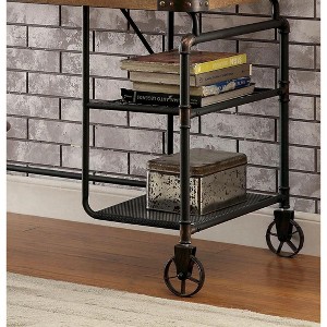 Vynxaria Urban Industrial Desk Antique Black Metal Faux Wood Top Caster Wheels for Loft Offices - 1 of 4