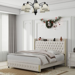 Okak Platform Bed Frame Wingback Upholstered Bed with Adjustable Height Headboard and USB Charger Music Speaker Star Projector Noise-Free - 1 of 4