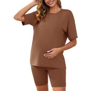 INSPIRE CHIC Women Maternity Set Tie Dye Short Sleeve and Shorts Set Pregnancy Pajama Outfits Bike Shorts - 1 of 4