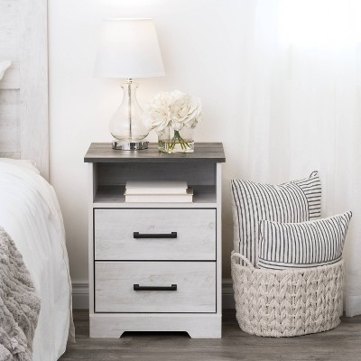 Washed White 2-Drawer Nightstand with Open Cubby and Gray Top