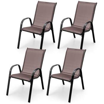 Tangkula 4PCS Patio Stacking Dining Chairs w/ Curved Armrests & Breathable Seat Fabric Brown