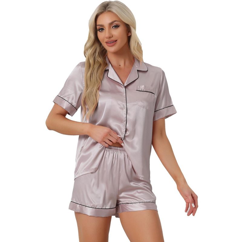 cheibear Women's Satin Button Down Sleepwear Shirt with Shorts Pajama Sets, 1 of 6