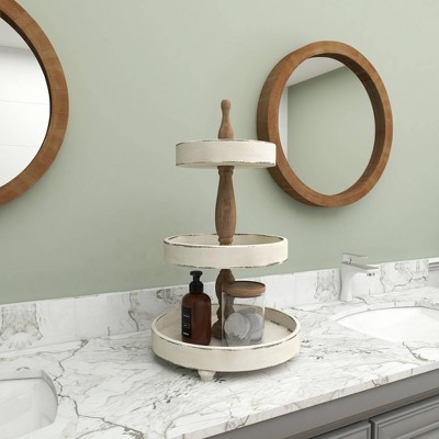 Distressed White and Brown Wood 3-Tier Round Serving Tray