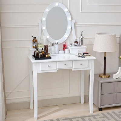 CAVINAS Vanity Desk with Mirror Small Vanity Table Set with Removable Oval Mirror and 1 Stool for Apartment, Bedroom